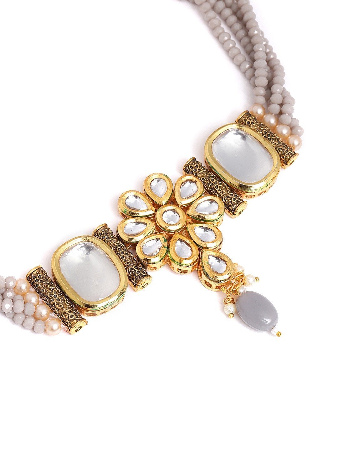 Women's Grey Beads Kundan Stones Gold Plated Floral Choker