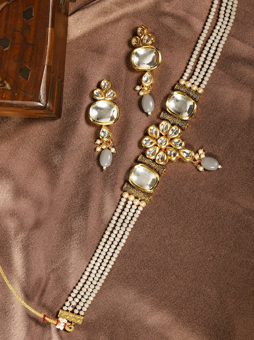 Women's Grey Beads Kundan Stones Gold Plated Floral Choker