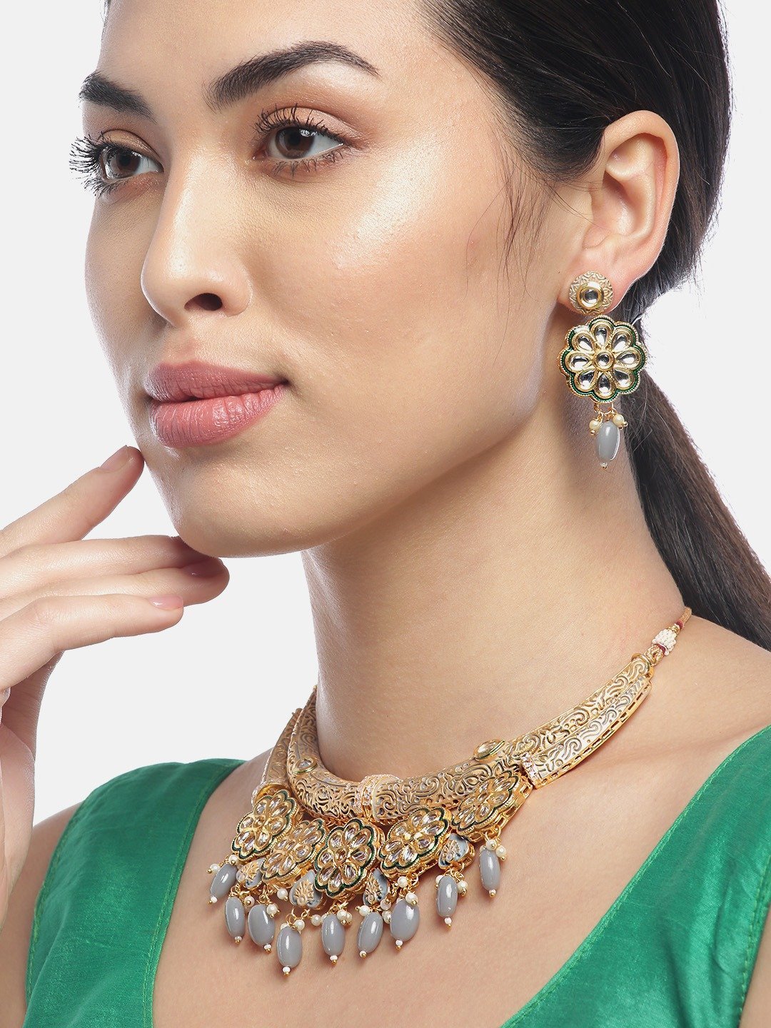 Women's Grey Pearls Kundan Gold Plated Meenakari Jewellery Set