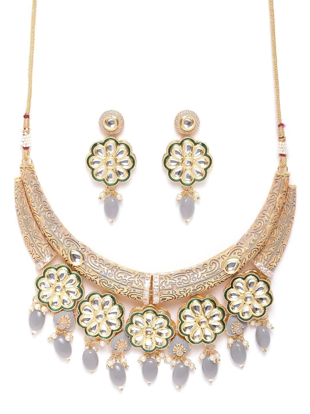 Women's Grey Pearls Kundan Gold Plated Meenakari Jewellery Set
