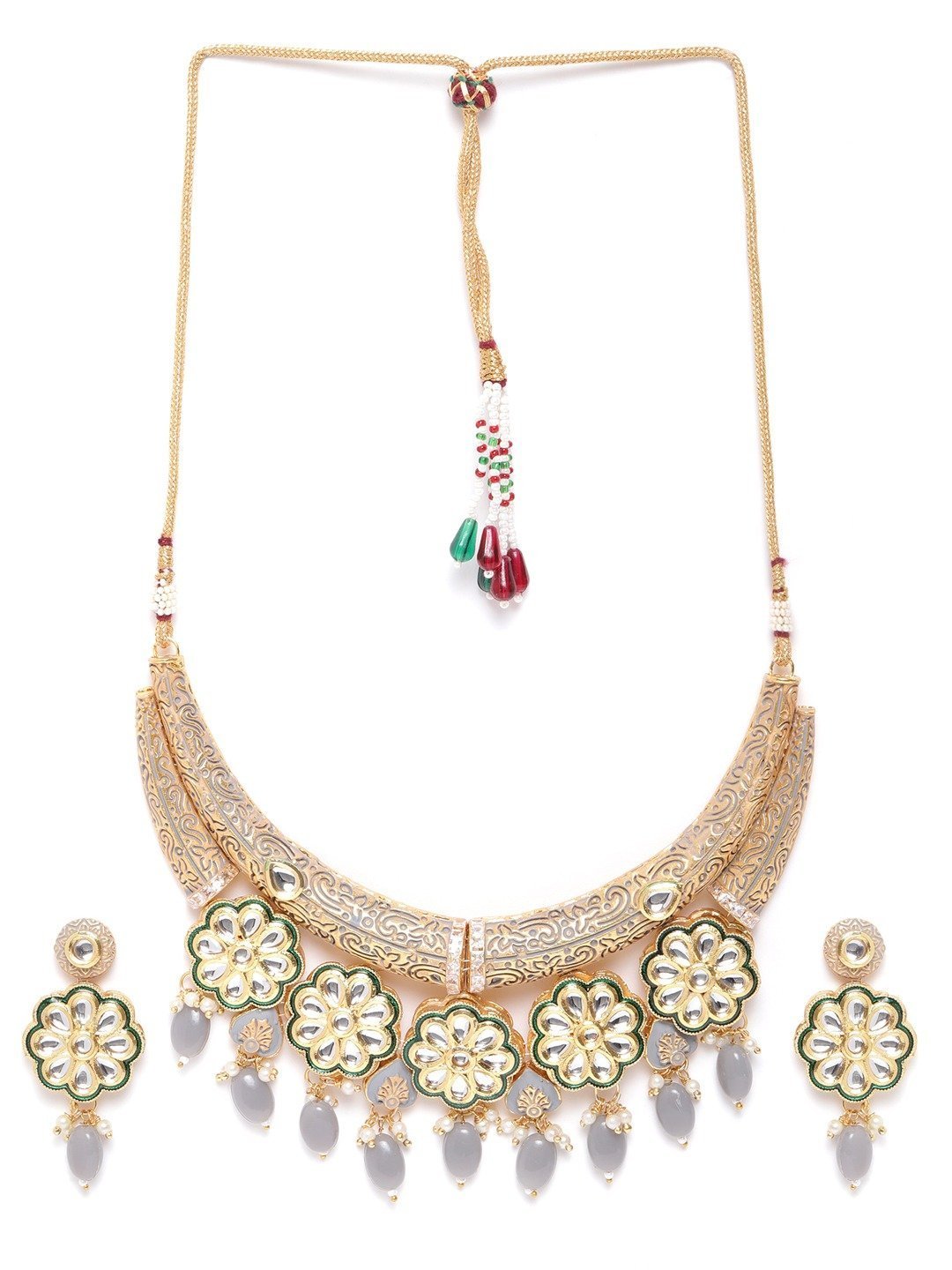 Women's Grey Pearls Kundan Gold Plated Meenakari Jewellery Set