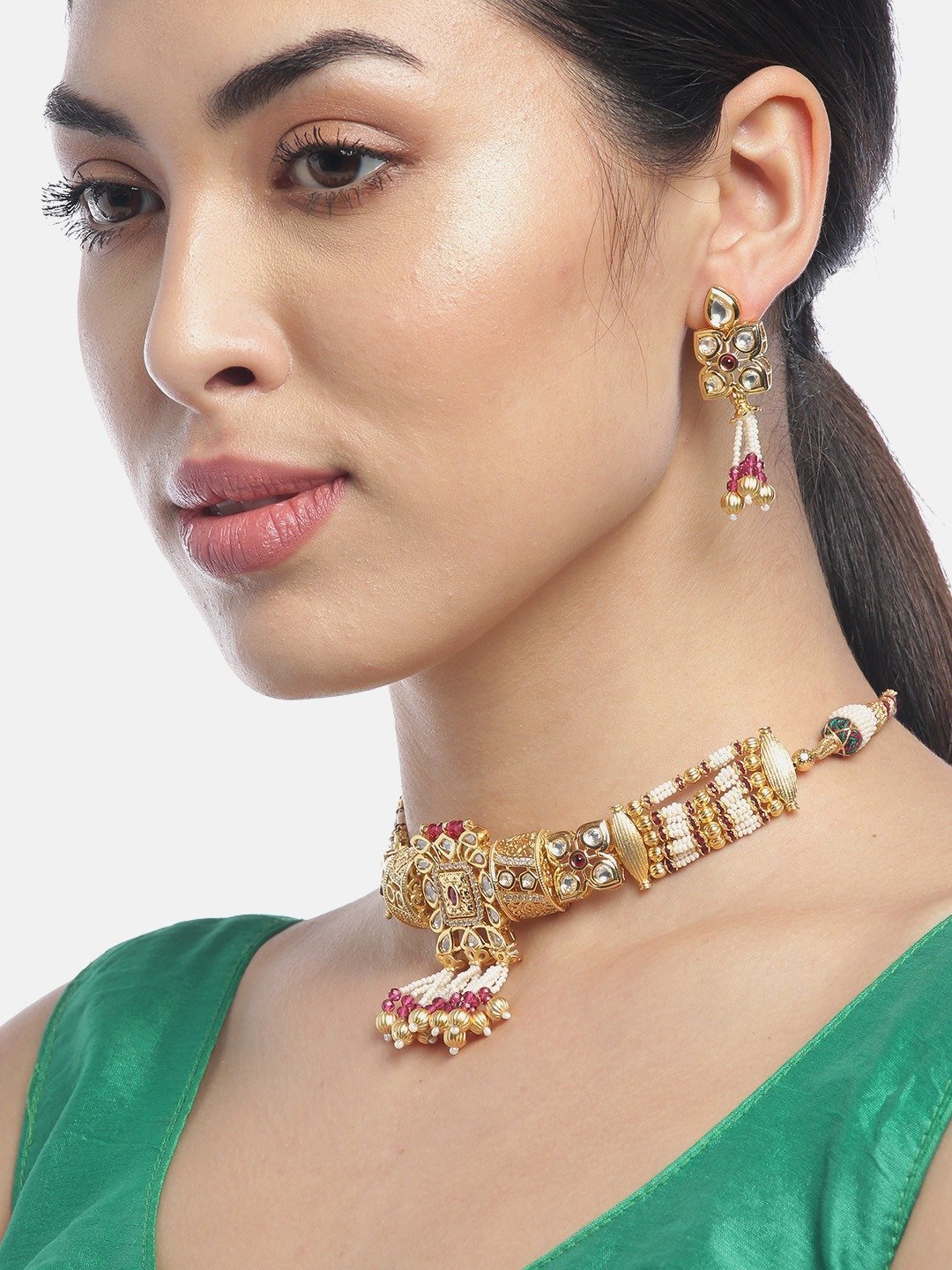 Women's Red White Beads Kundan Gold Plated Jewellery Set