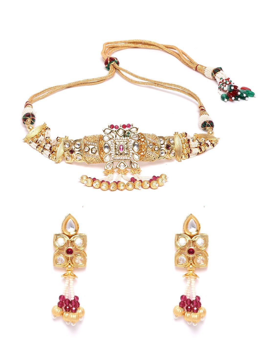 Women's Red White Beads Kundan Gold Plated Jewellery Set