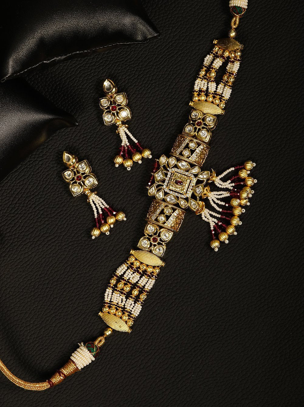 Women's Red White Beads Kundan Gold Plated Jewellery Set