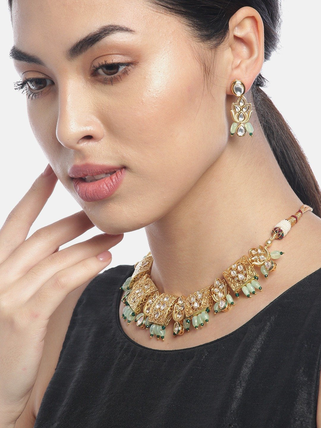 Women's Mint Green Beads Kundan Gold Plated Jewellery Set