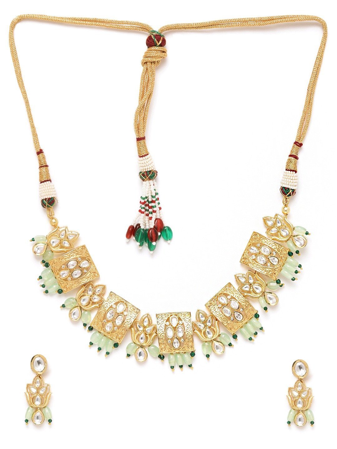 Women's Mint Green Beads Kundan Gold Plated Jewellery Set