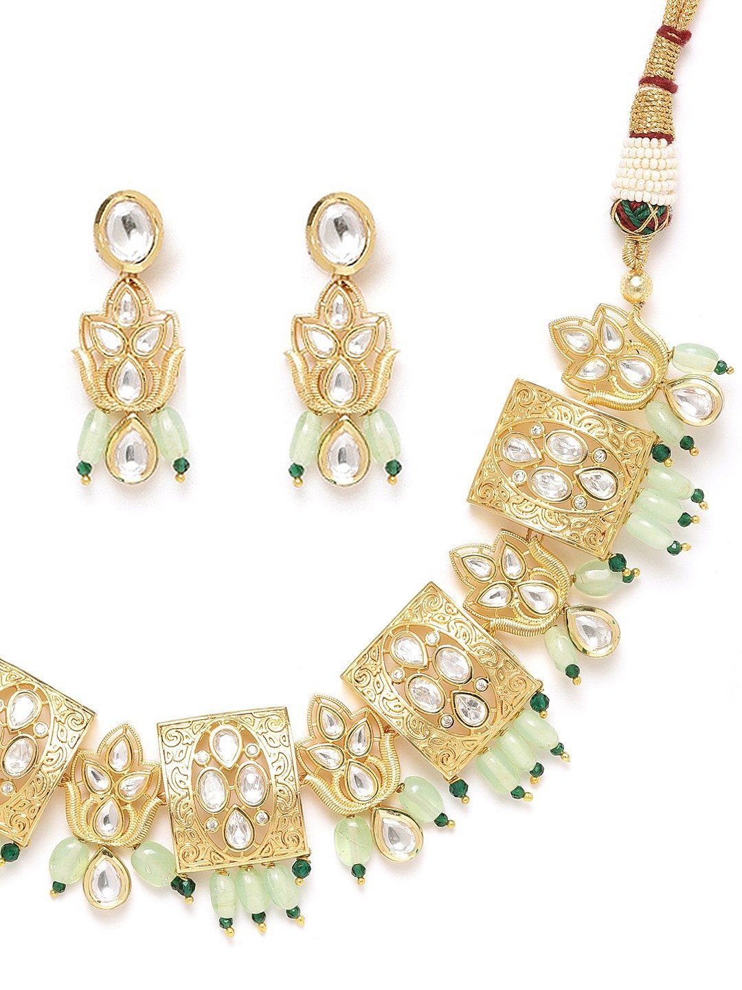 Women's Mint Green Beads Kundan Gold Plated Jewellery Set