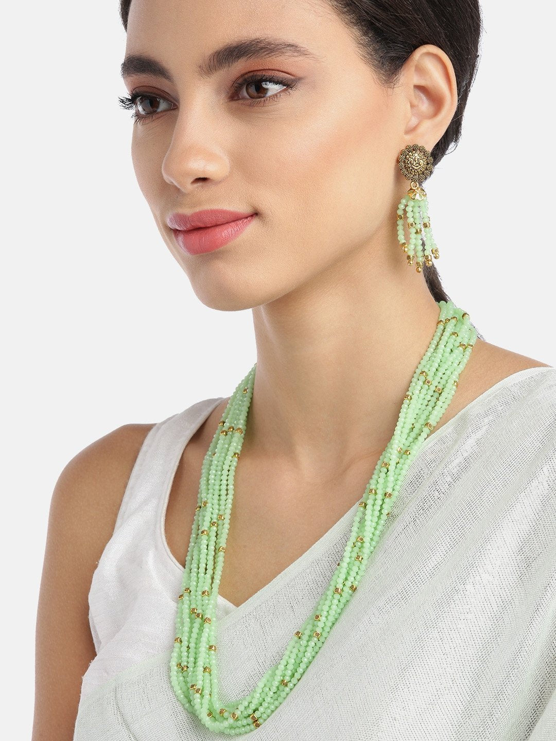 Women's Green Beads Gold Plated Ranihaar Jewellery Set