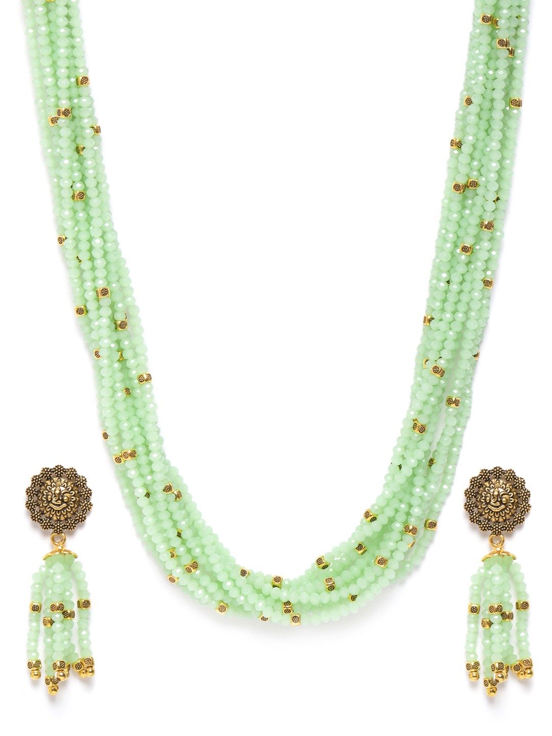 Women's Green Beads Gold Plated Ranihaar Jewellery Set