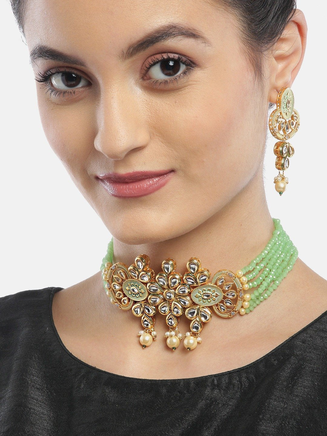 Women's Mint Green Beads Kundan Pearls Gold Plated Choker
