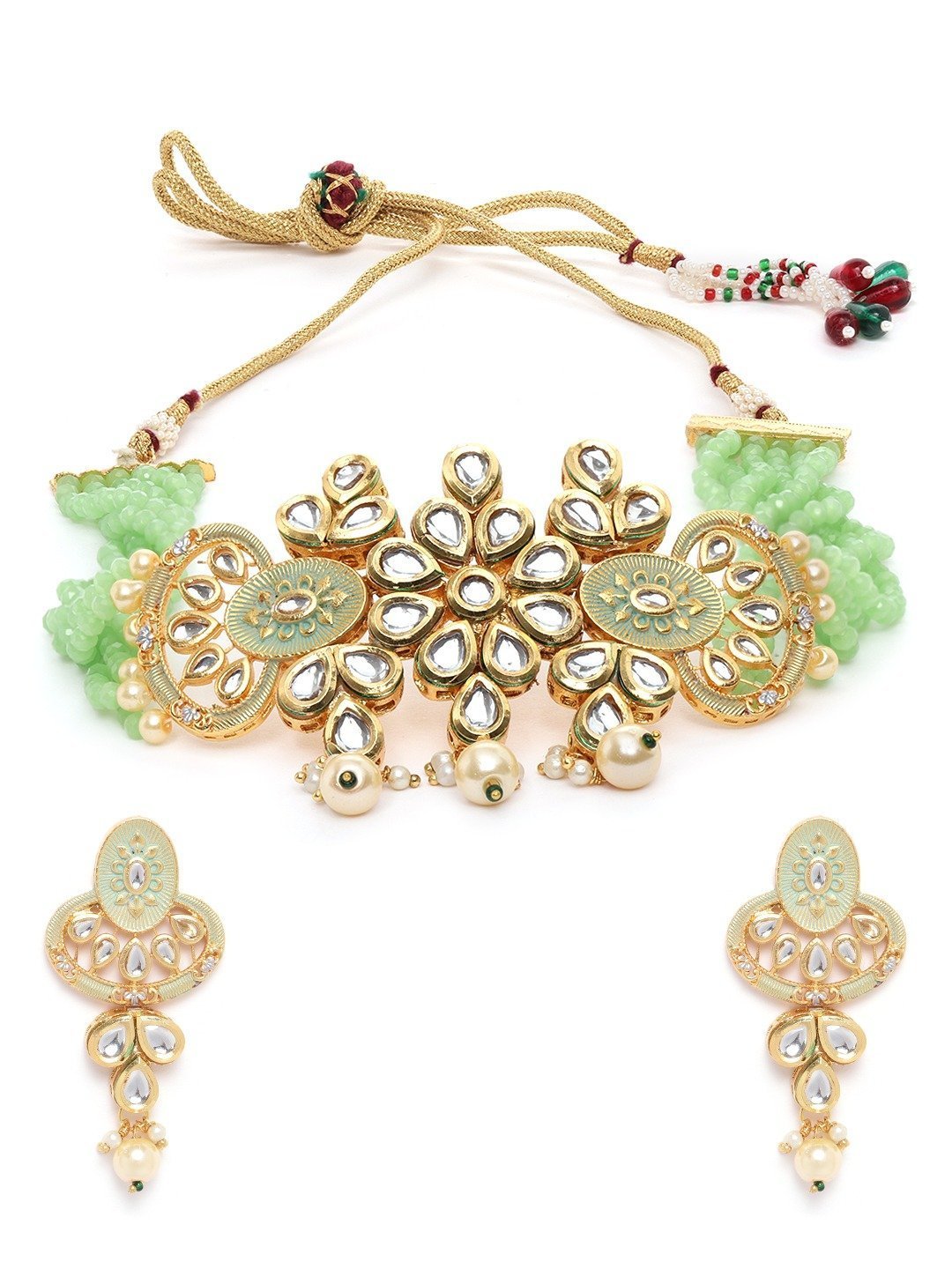 Women's Mint Green Beads Kundan Pearls Gold Plated Choker