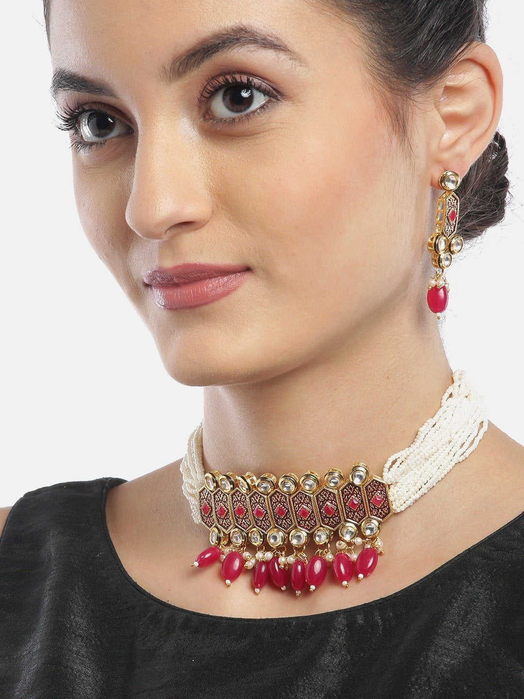 Women's White Beads Kundan Ruby Gold Plated Choker