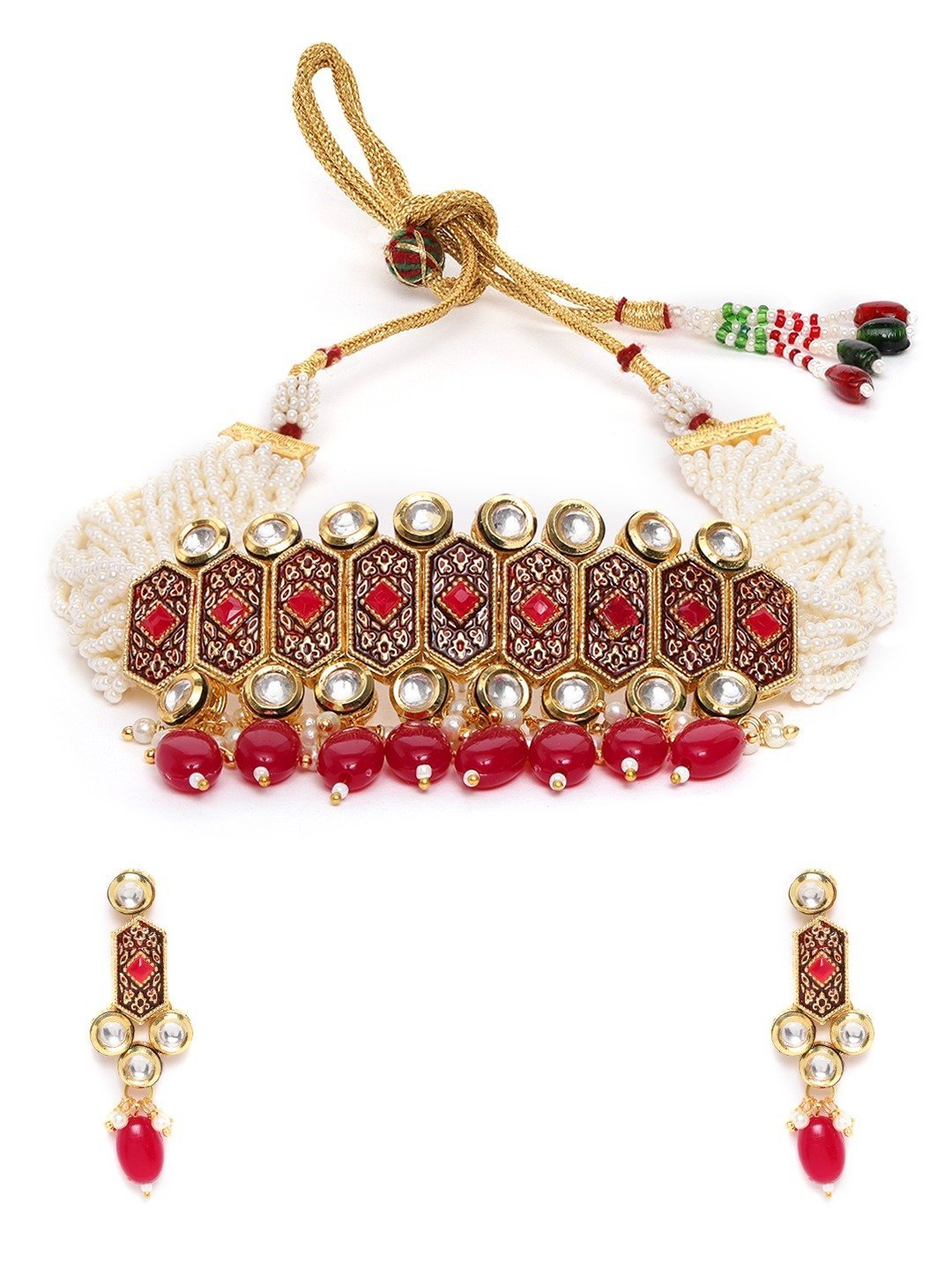 Women's White Beads Kundan Ruby Gold Plated Choker