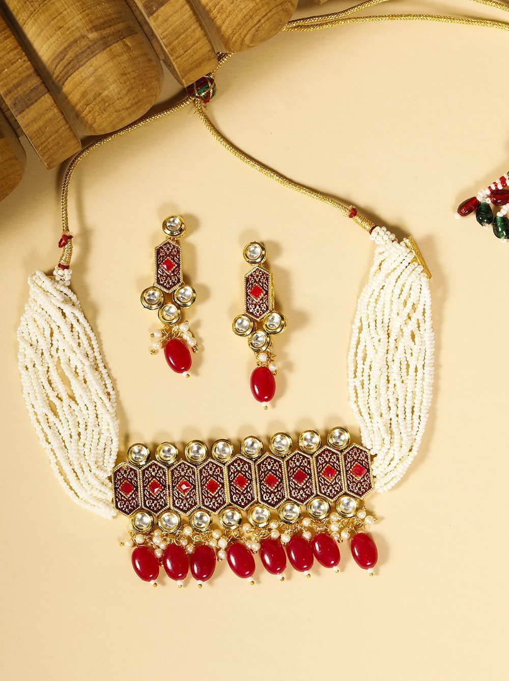 Women's White Beads Kundan Ruby Gold Plated Choker