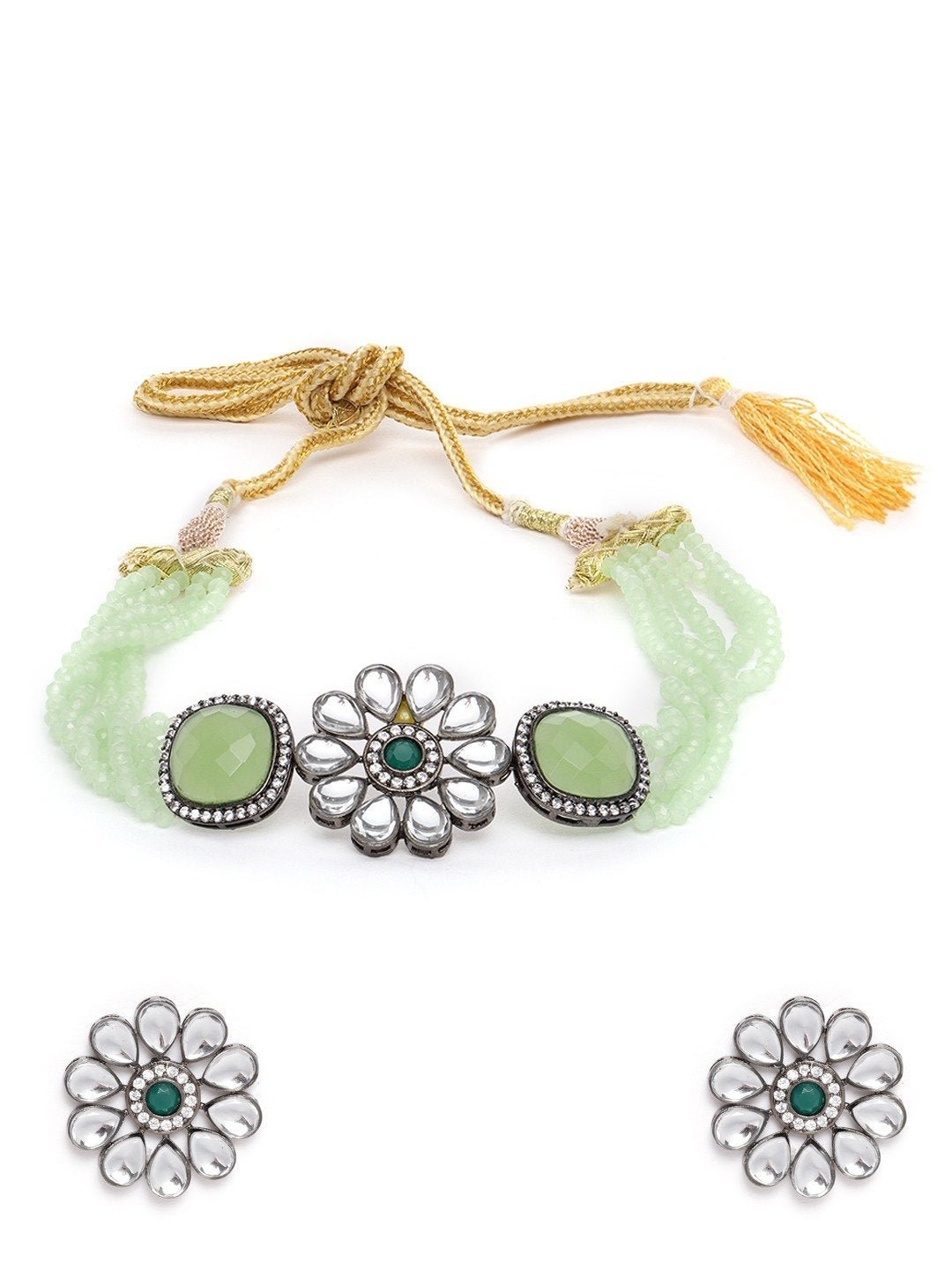 Women's Mint Green Beads Kundan Stones Floral Choker