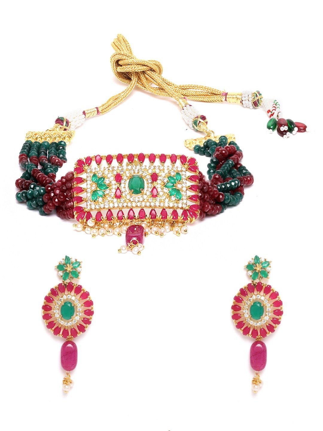 Women's Red Green Beads Ruby Gold Plated Choker