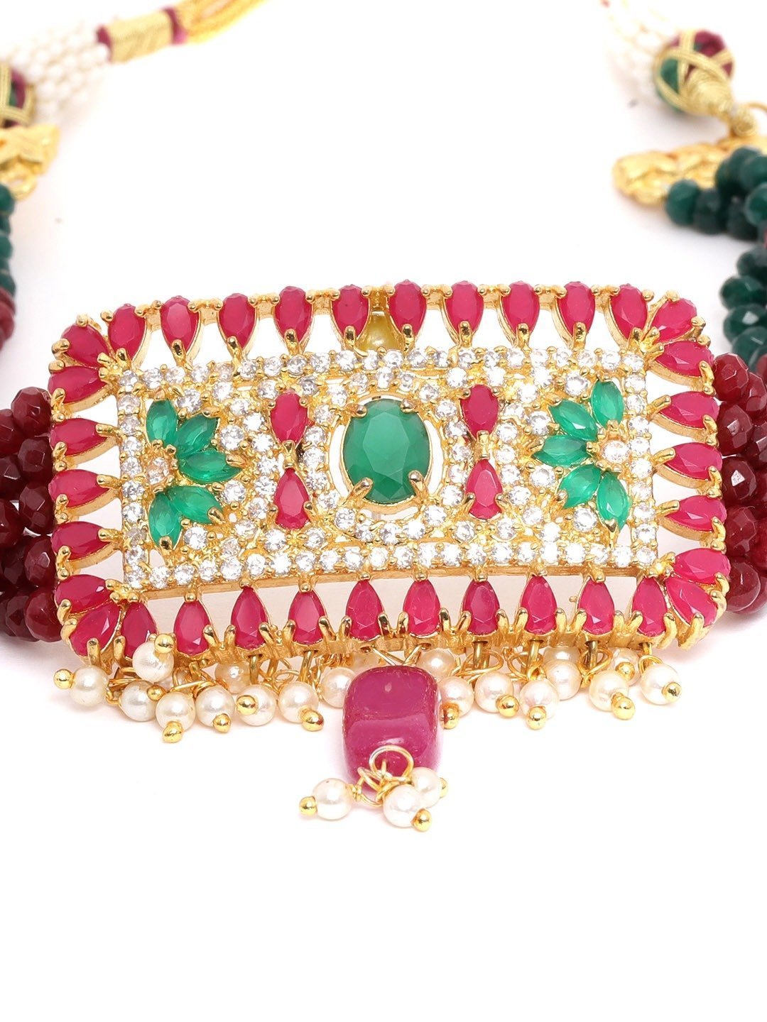 Women's Red Green Beads Ruby Gold Plated Choker