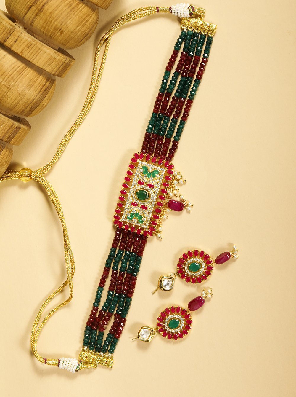 Women's Red Green Beads Ruby Gold Plated Choker