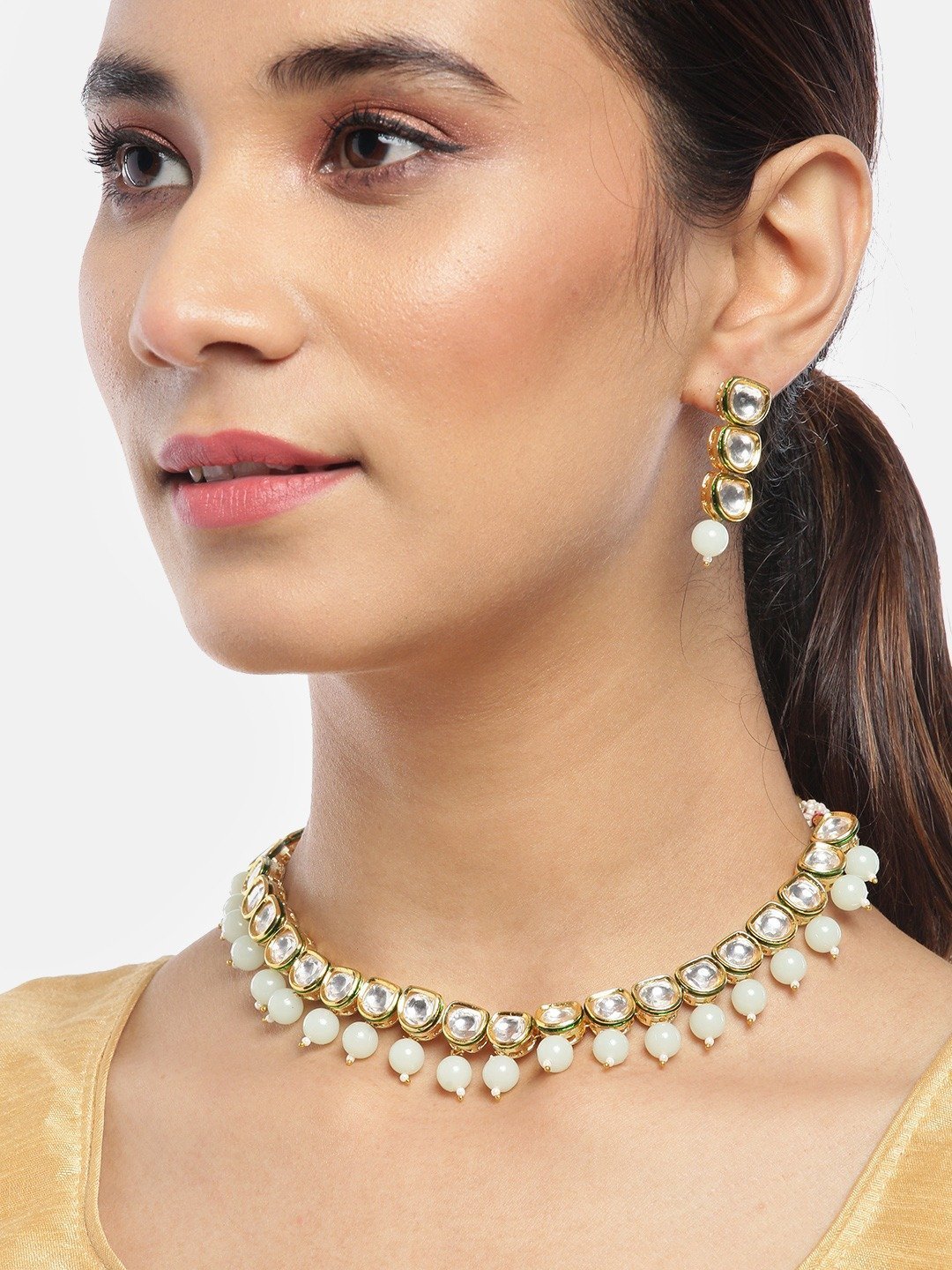 Women's Mint Green Pearls Kundan Gold Plated Jewellery Set