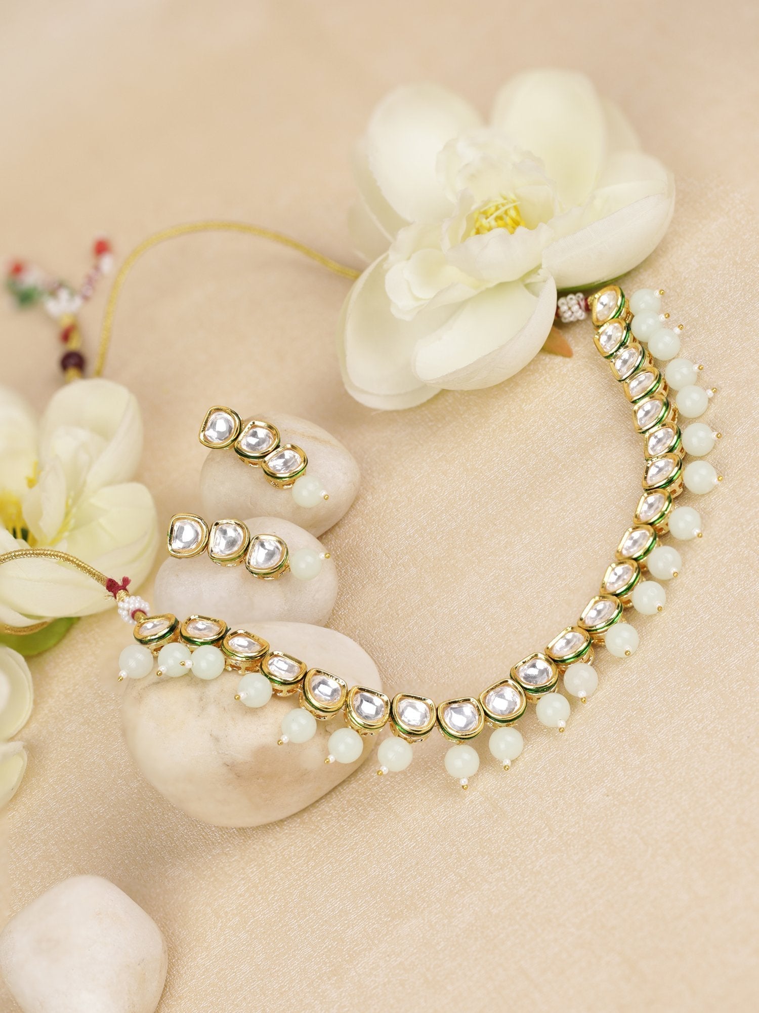 Women's Mint Green Pearls Kundan Gold Plated Jewellery Set