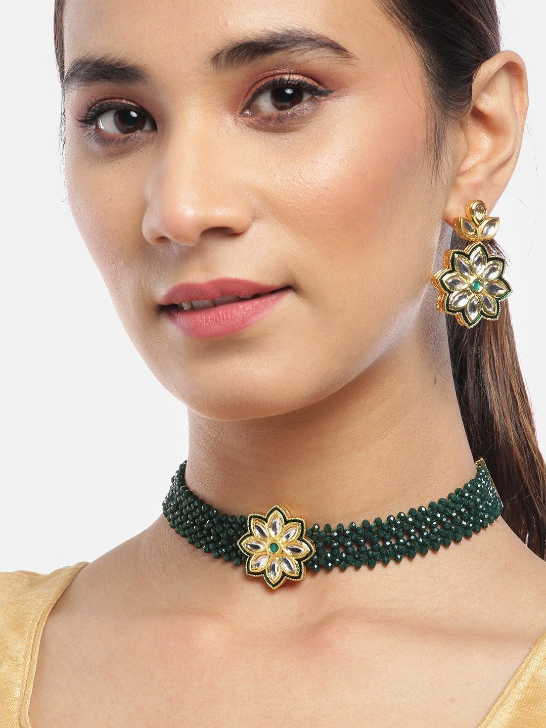 Women's Green Beaded Kundan Gold Plated Choker