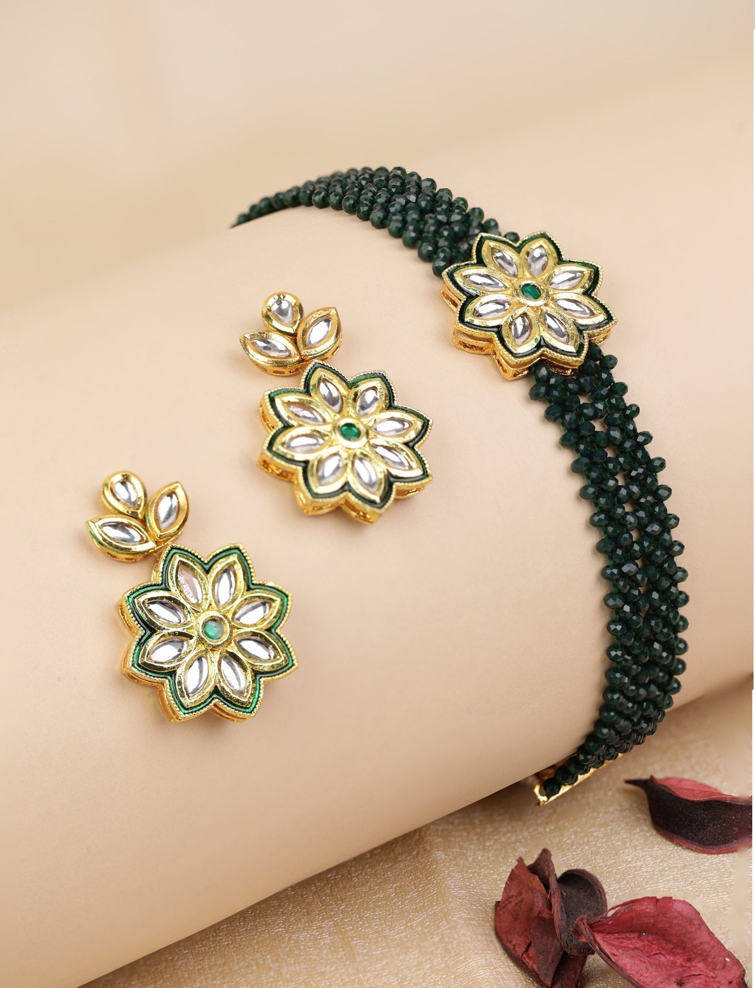 Women's Green Beaded Kundan Gold Plated Choker