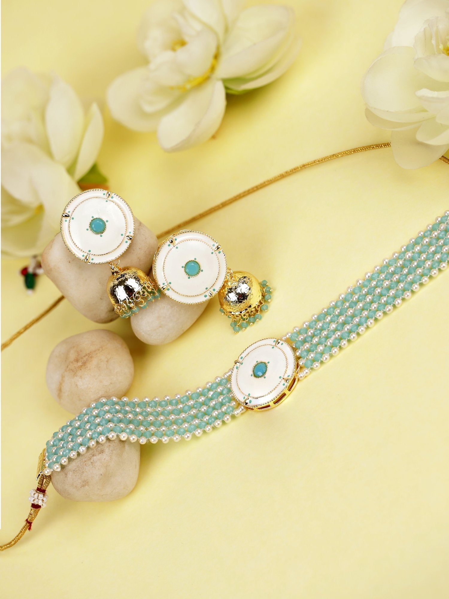Women's Blue White Beaded Stones Gold Plated Choker