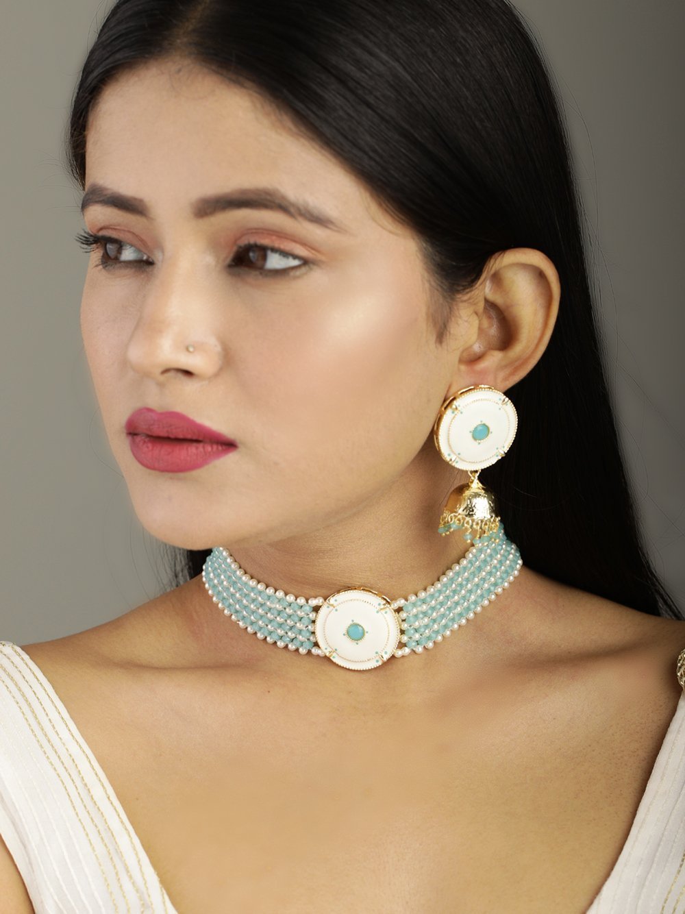 Women's Blue White Beaded Stones Gold Plated Choker