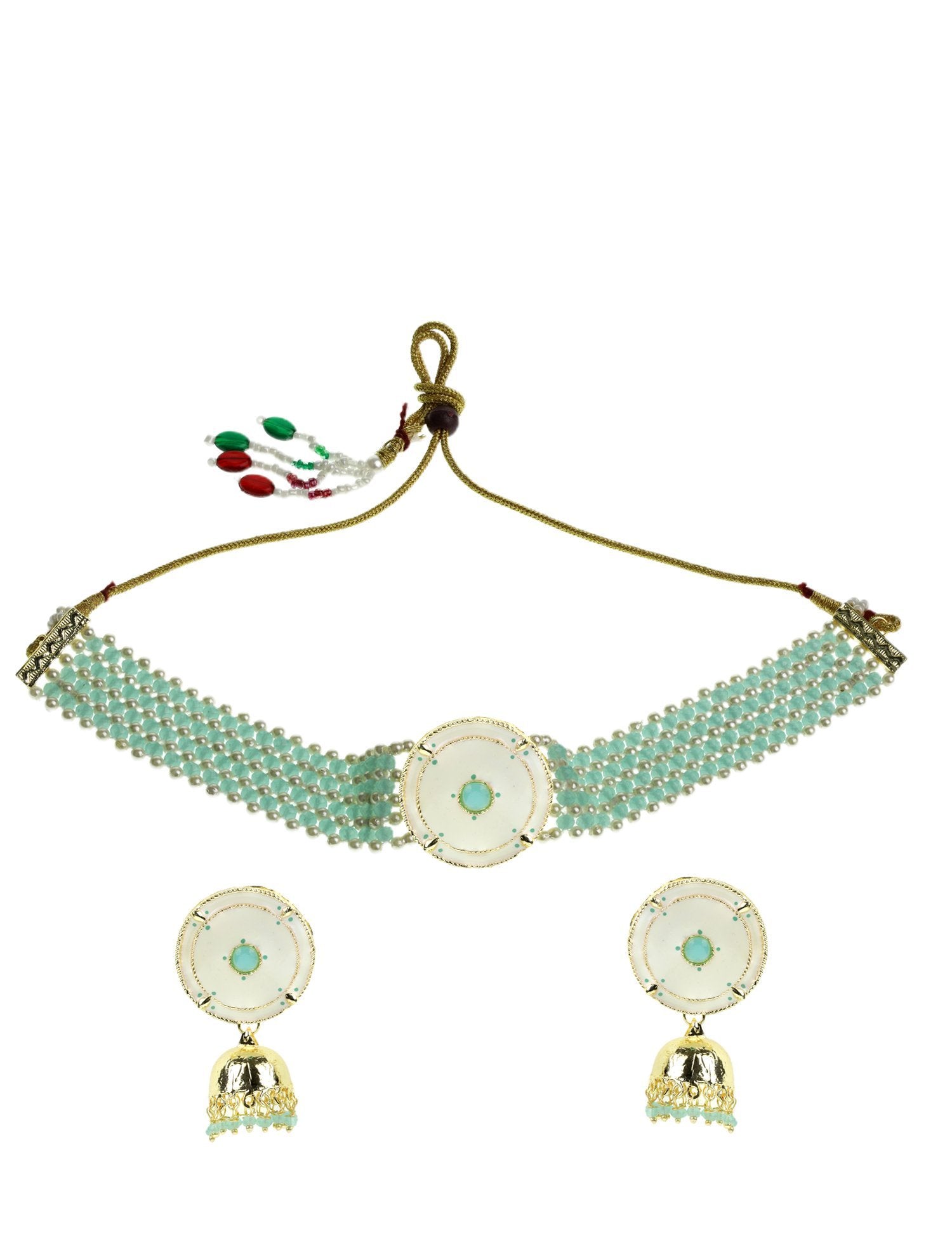 Women's Blue White Beaded Stones Gold Plated Choker