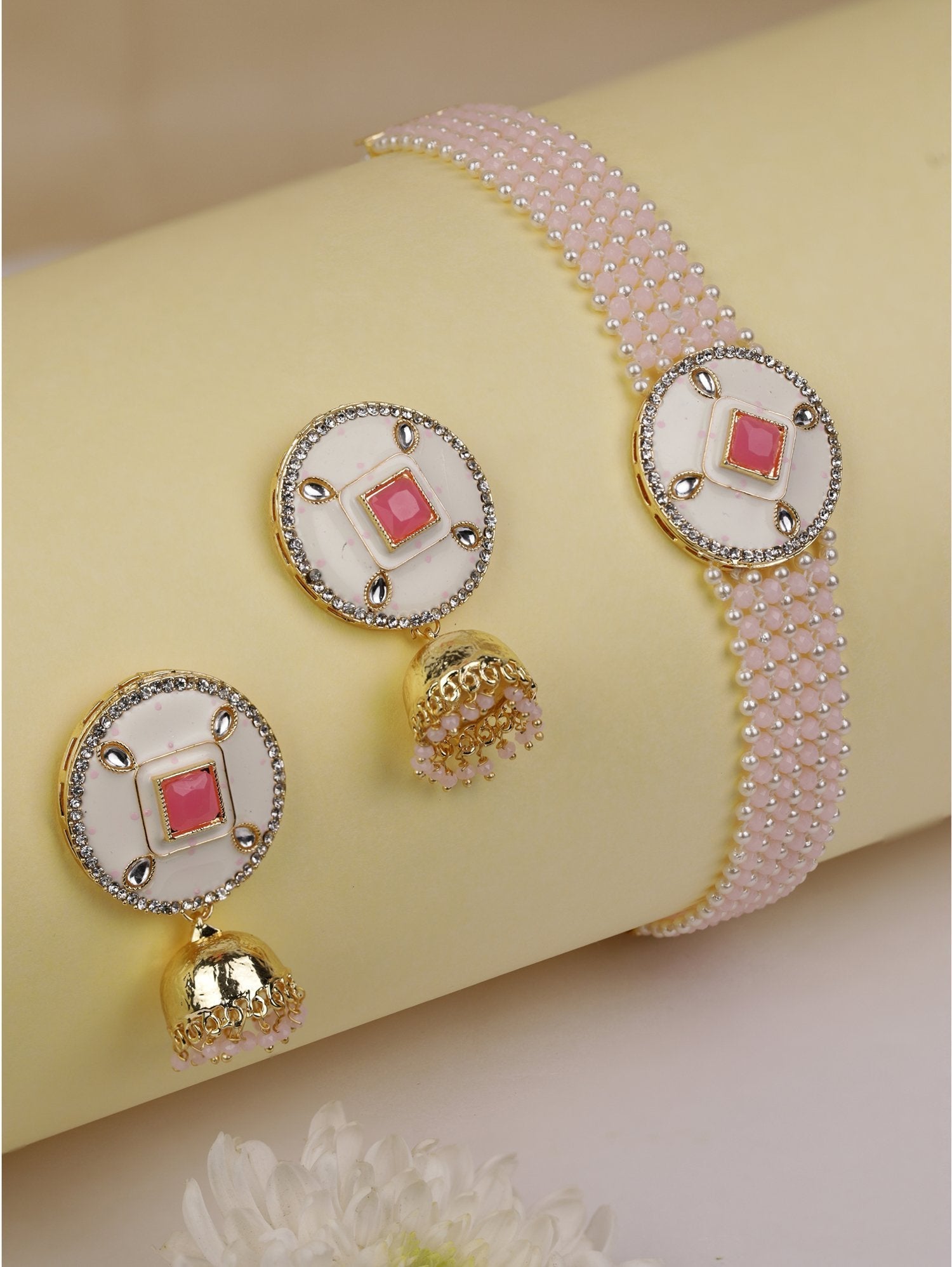 Women's Pink White Beaded Stones Gold Plated Choker