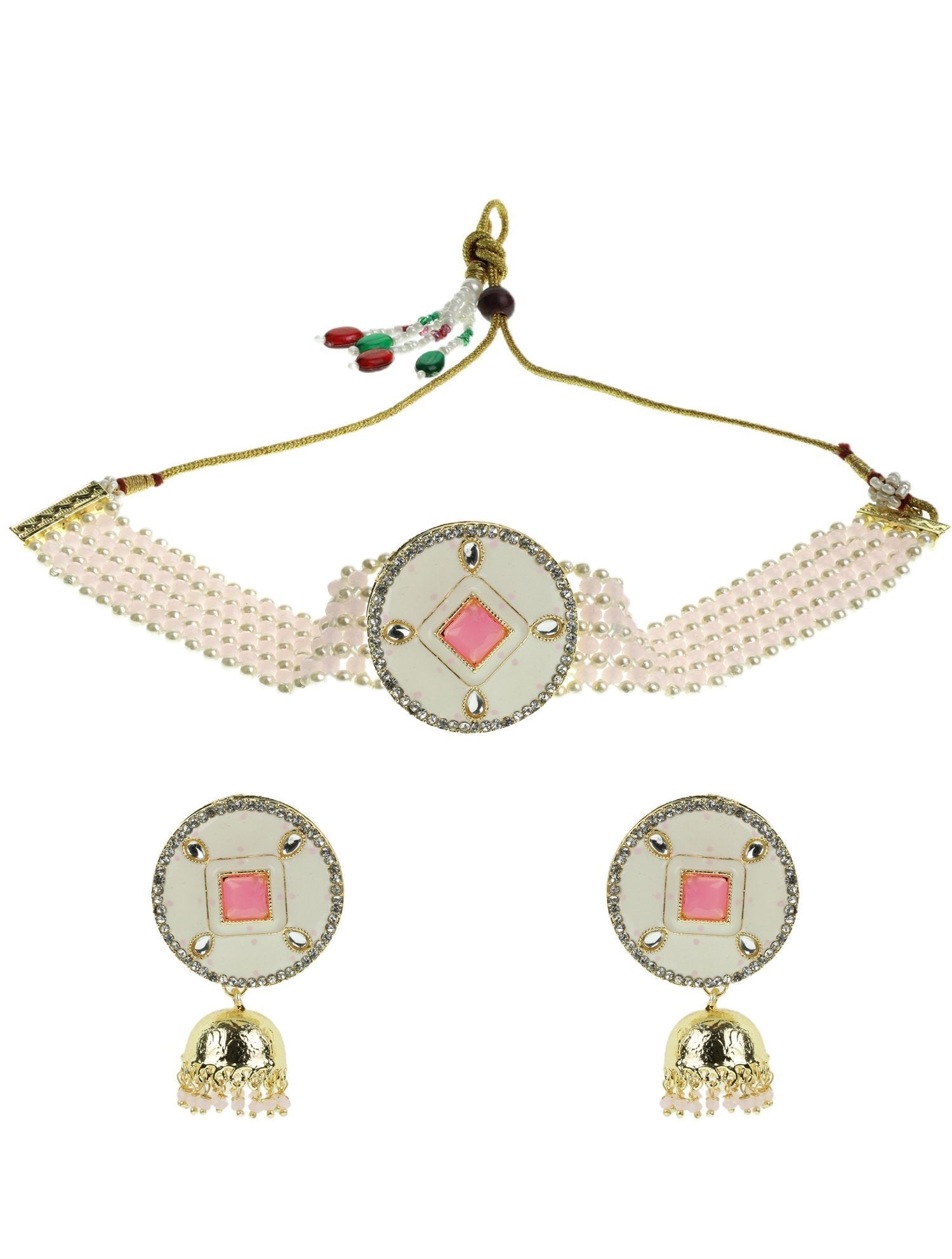 Women's Pink White Beaded Stones Gold Plated Choker