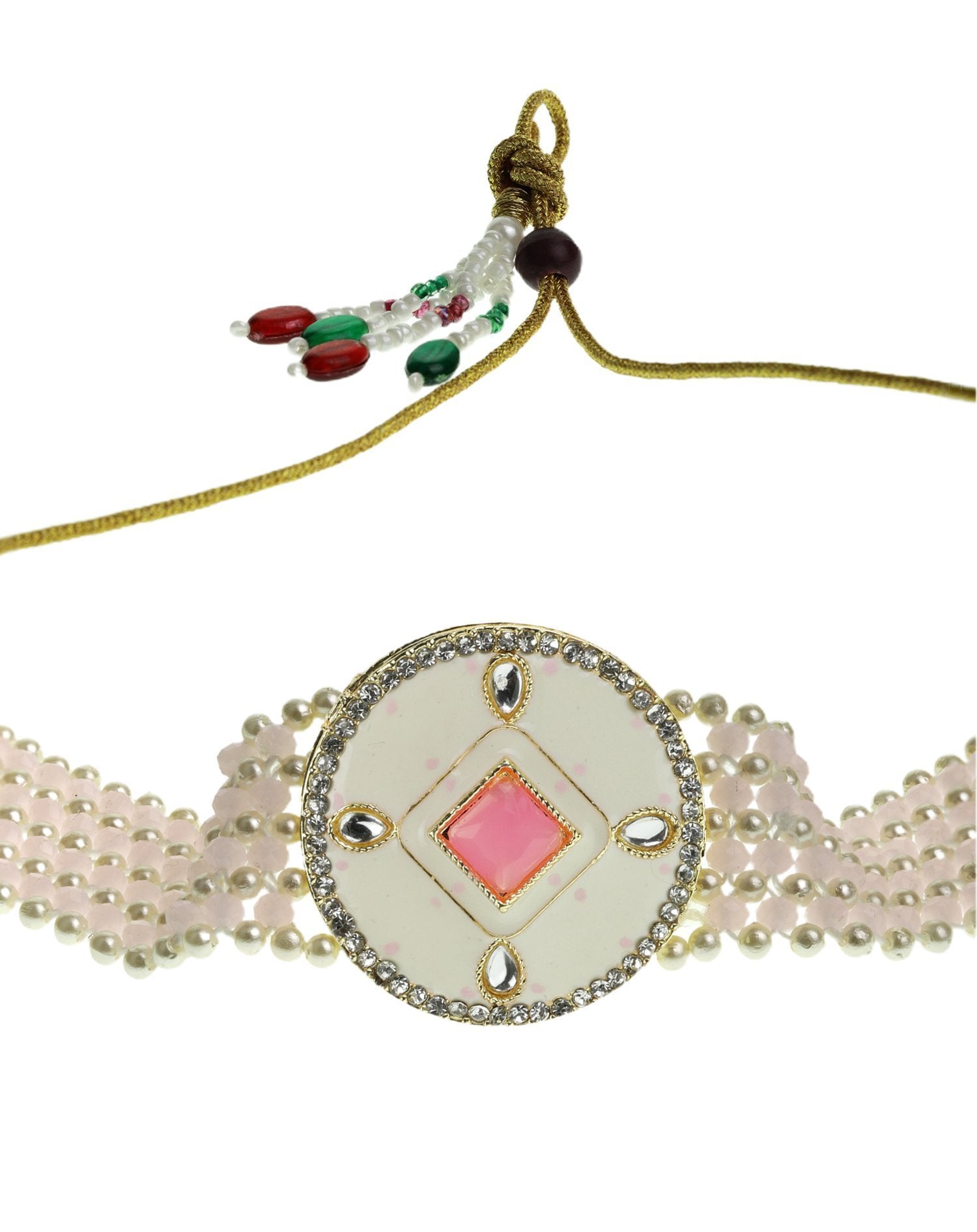 Women's Pink White Beaded Stones Gold Plated Choker