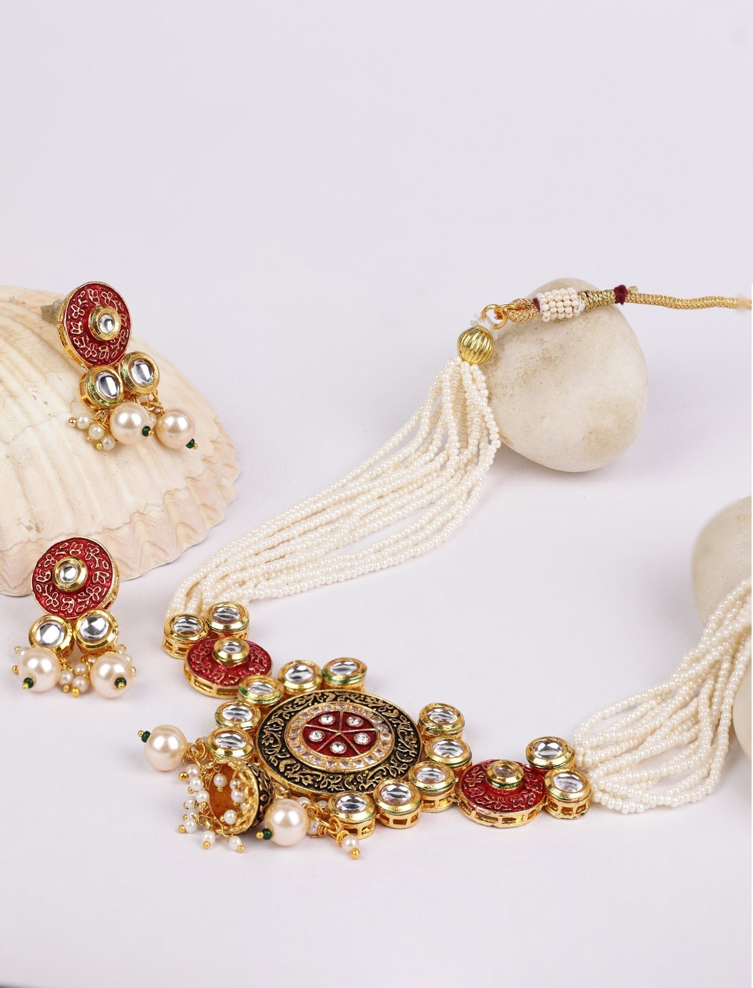 Women's White Kundan Beaded Meenkarai Jewellery Set