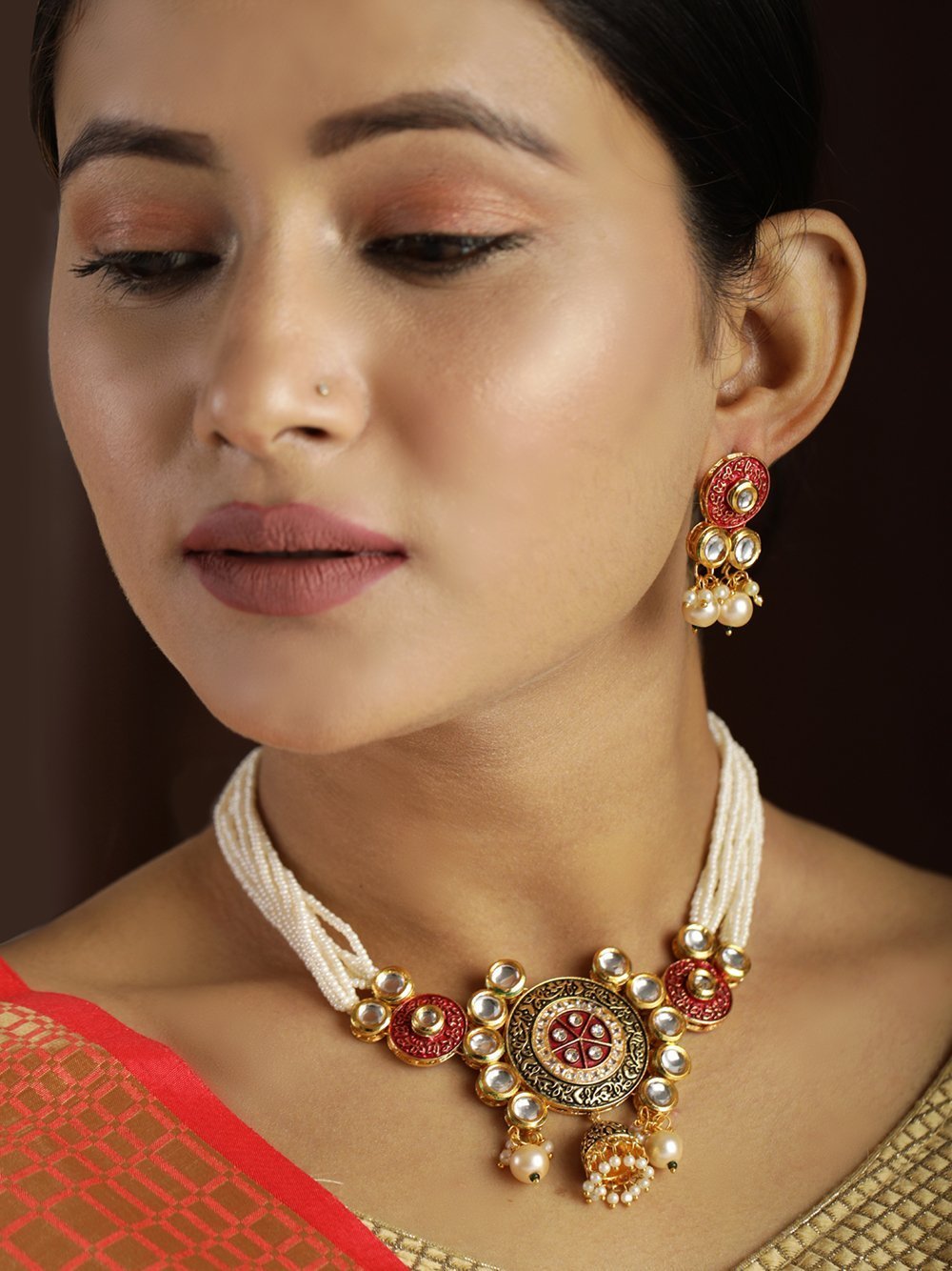 Women's White Kundan Beaded Meenkarai Jewellery Set