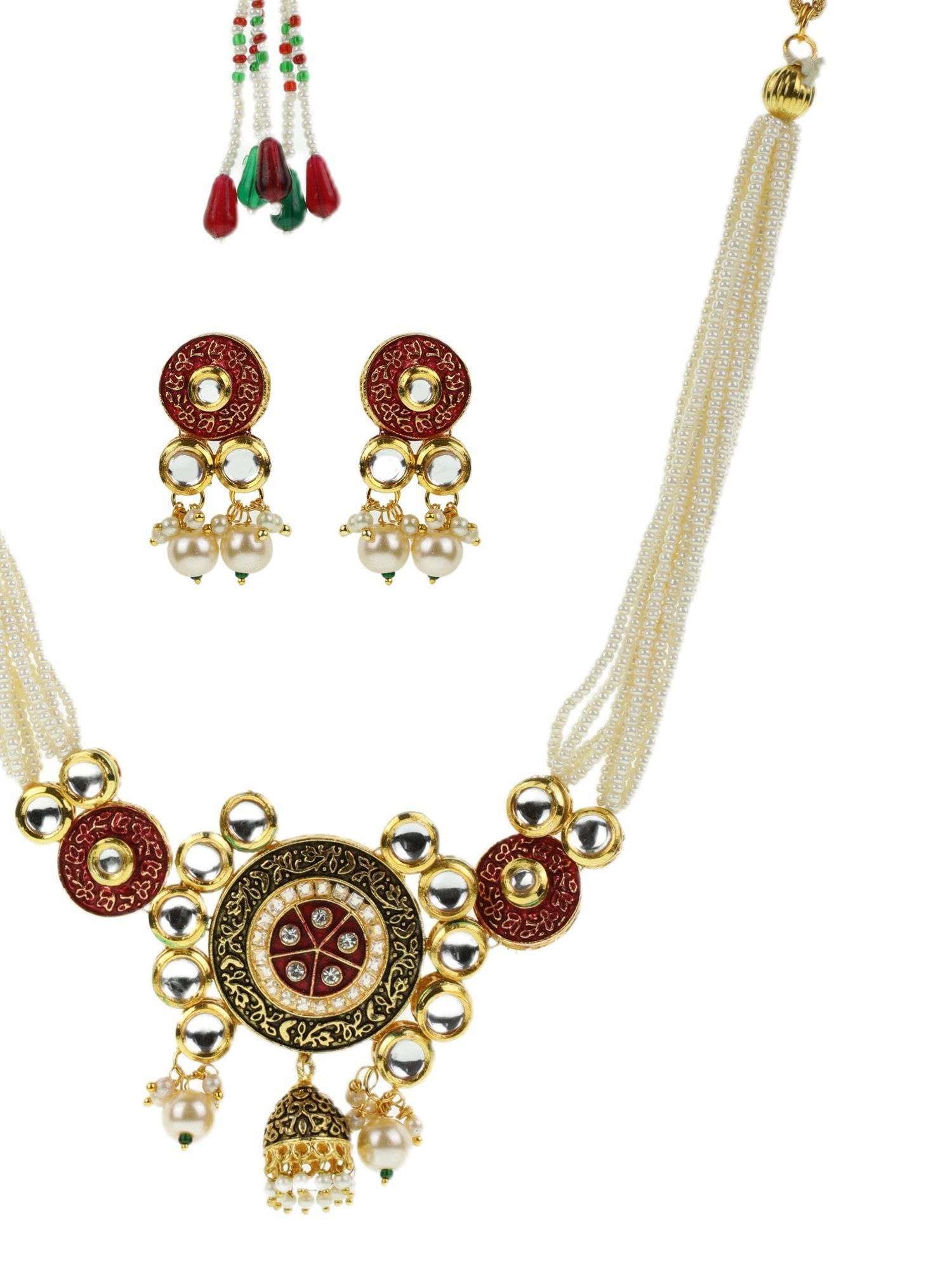Women's White Kundan Beaded Meenkarai Jewellery Set