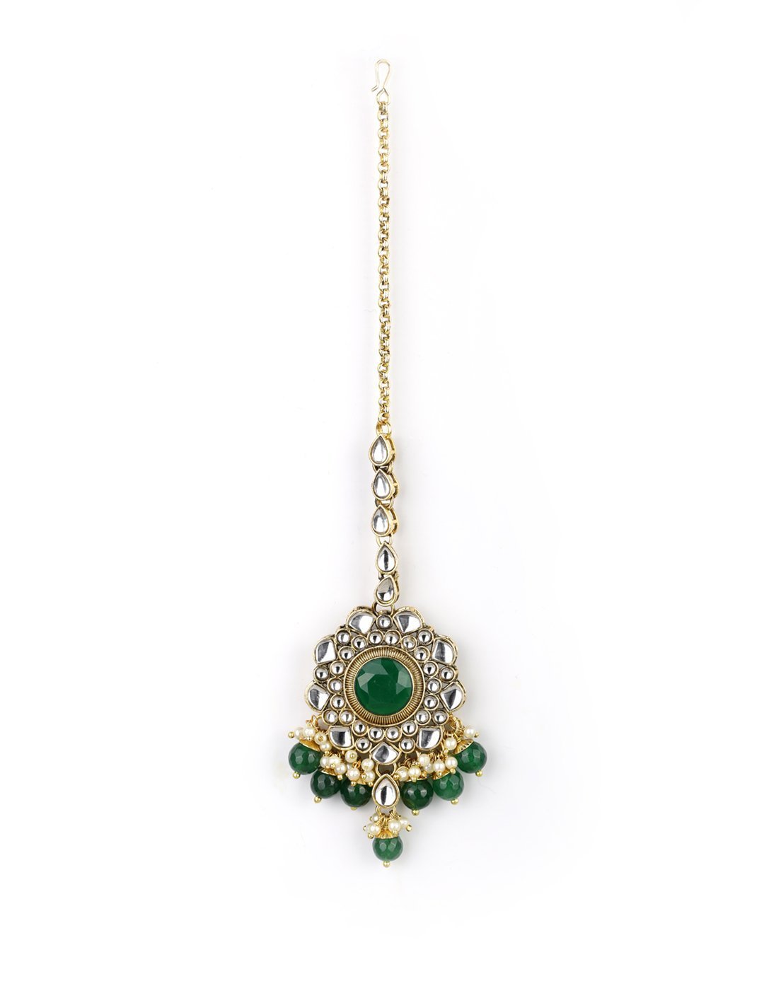 Women's Green Stones Emerald Beads Kundan Gold Plated Traditional Maang Tika Choker