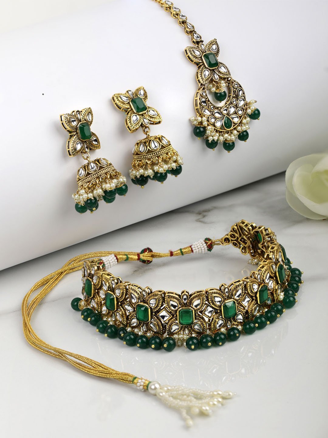 Women's Green Stones Emerald Beads Kundan Gold Plated Traditional Maang Tika Choker