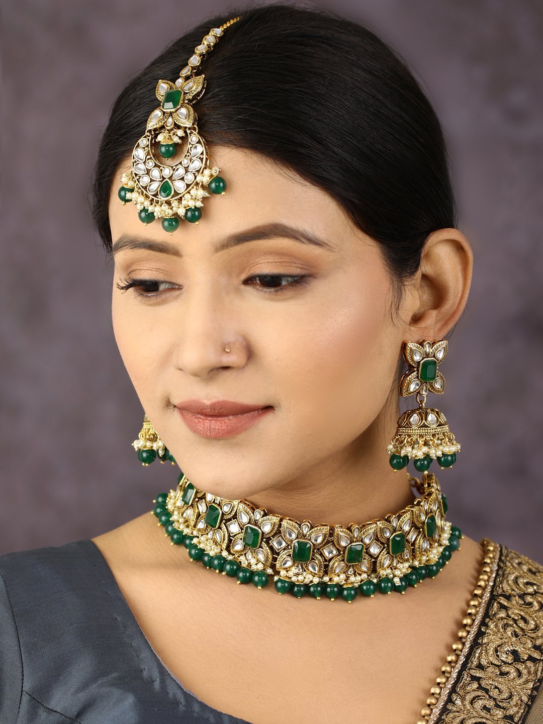 Women's Green Stones Emerald Beads Kundan Gold Plated Traditional Maang Tika Choker