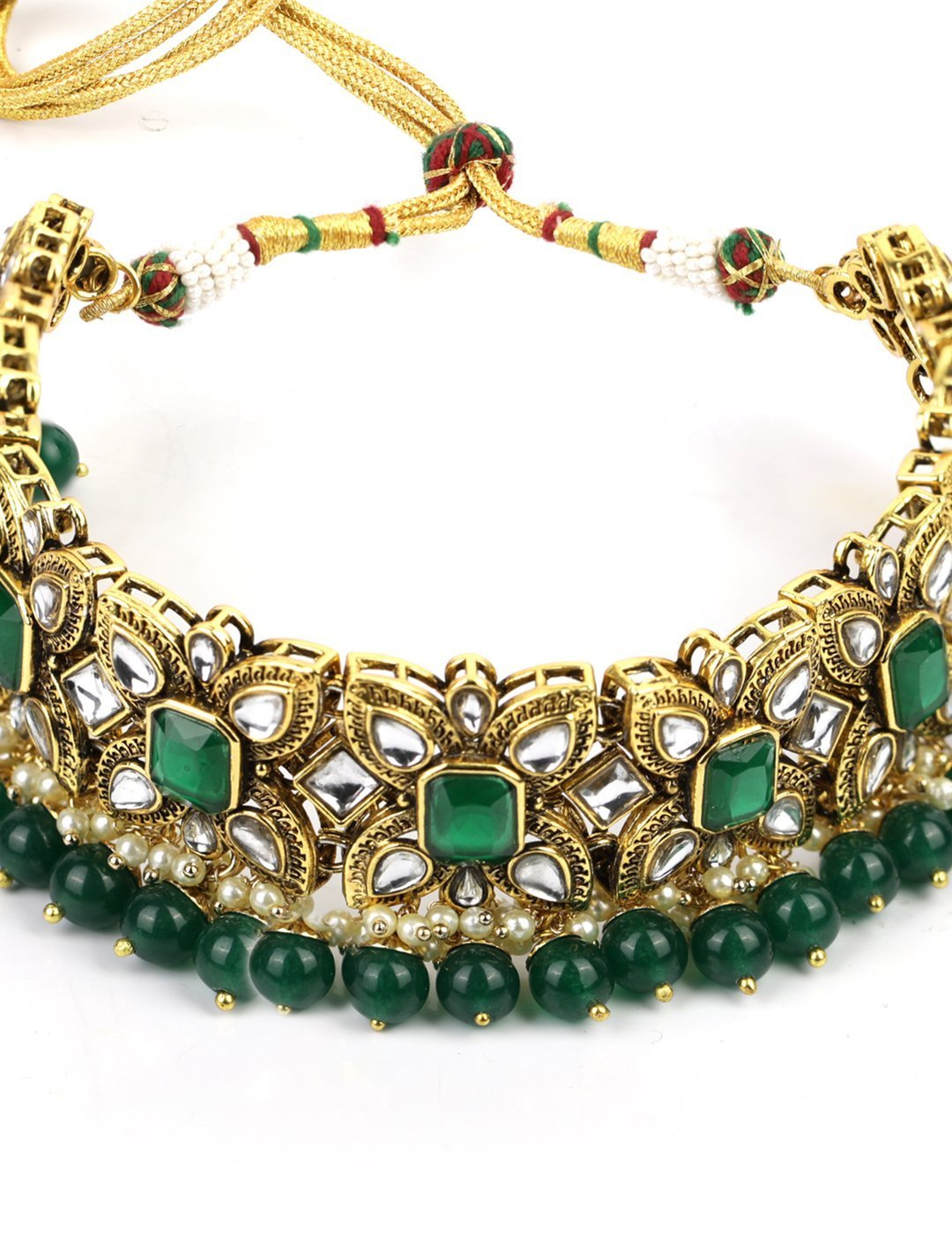 Women's Green Stones Emerald Beads Kundan Gold Plated Traditional Maang Tika Choker