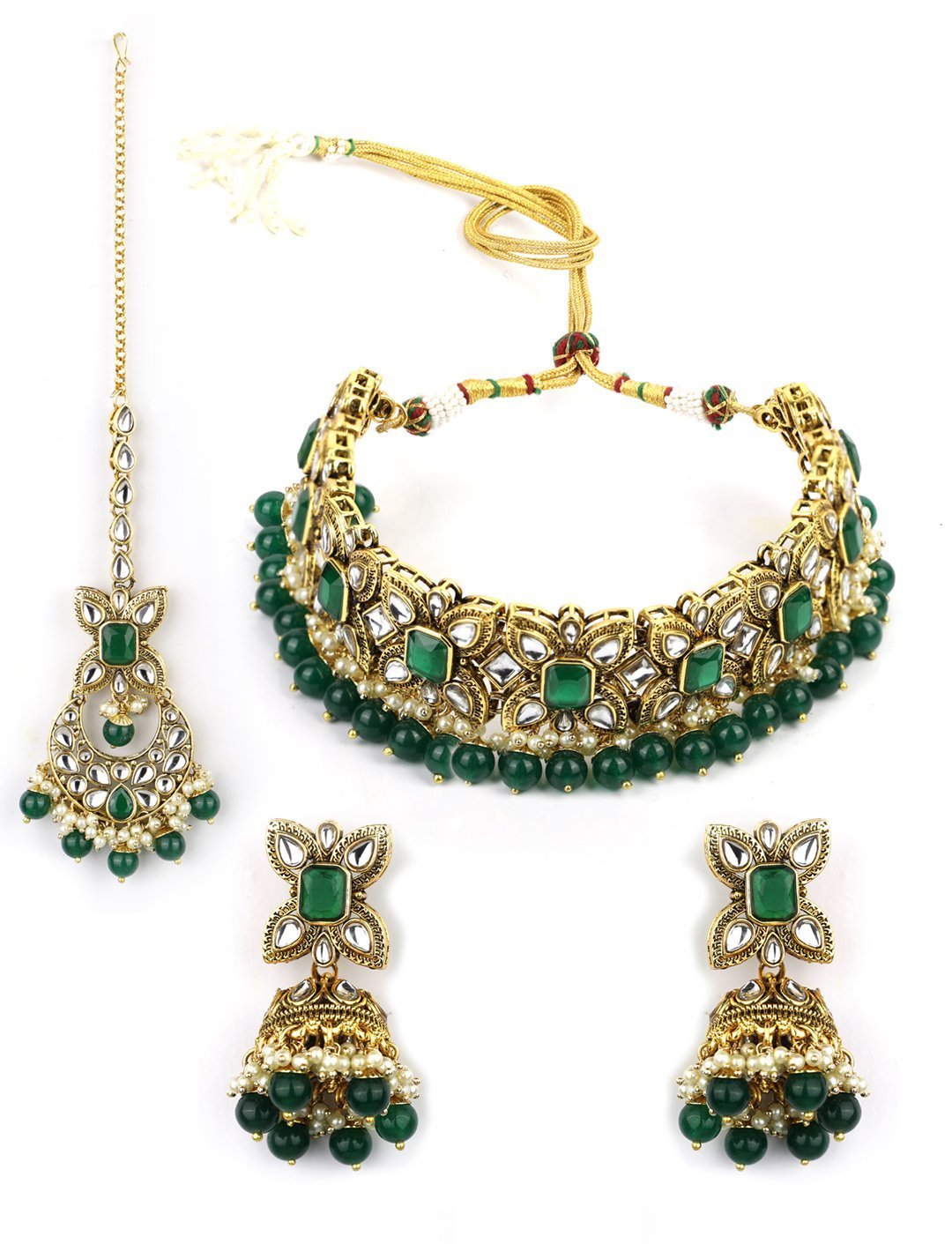 Women's Green Stones Emerald Beads Kundan Gold Plated Traditional Maang Tika Choker
