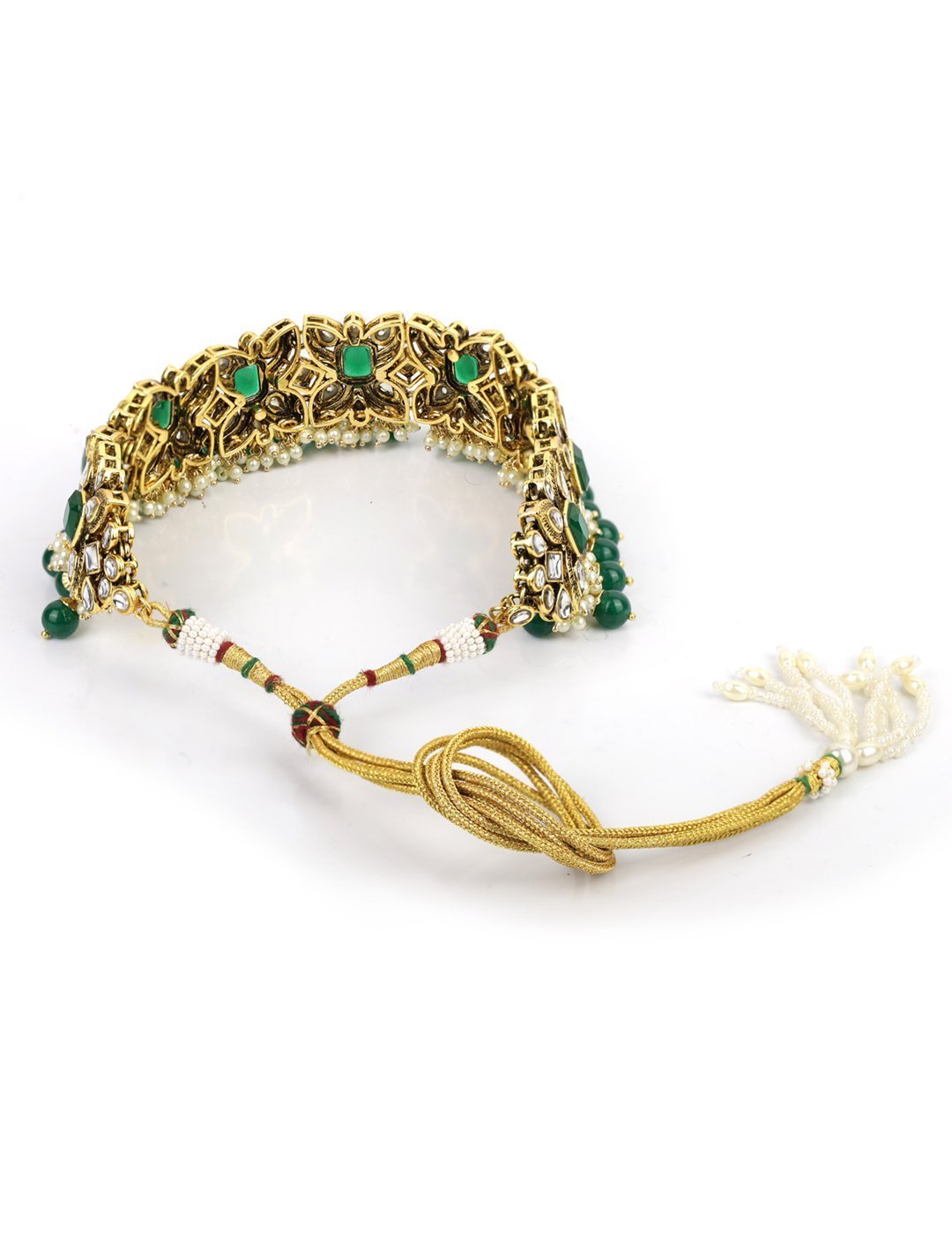 Women's Green Stones Emerald Beads Kundan Gold Plated Traditional Maang Tika Choker