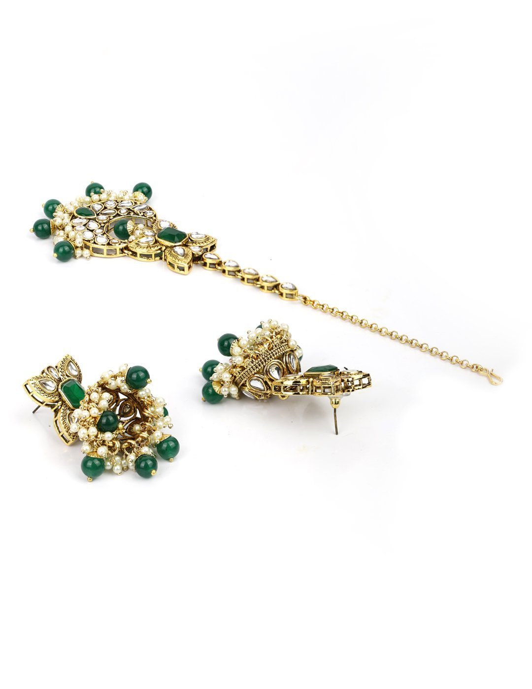 Women's Green Stones Emerald Beads Kundan Gold Plated Traditional Maang Tika Choker