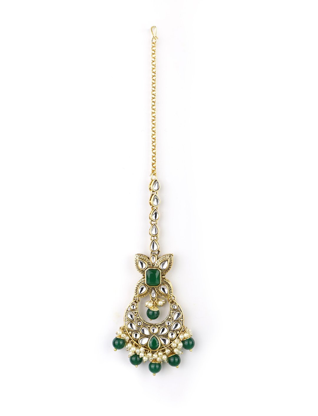 Women's Green Stones Emerald Beads Kundan Gold Plated Traditional Maang Tika Choker