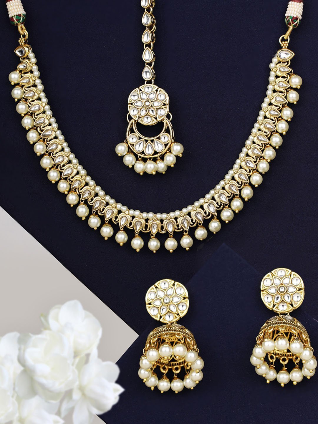 Women's White Beads Kundan Pearls Gold Plated Traditional MaangTika Jewellery Set