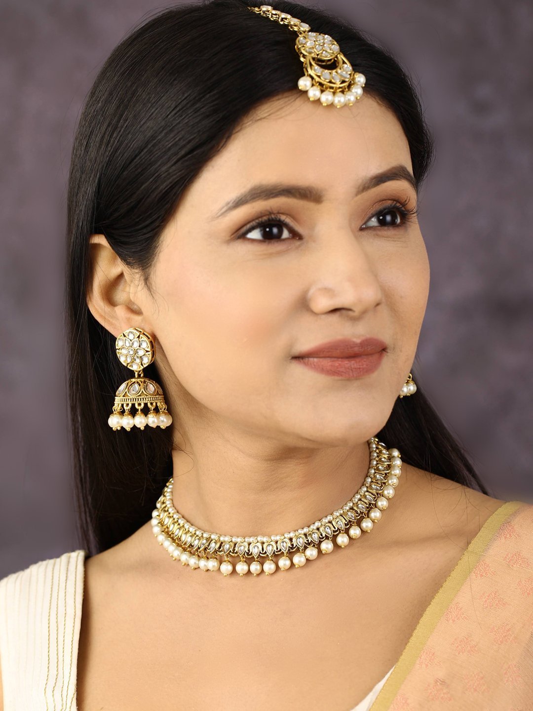 Women's White Beads Kundan Pearls Gold Plated Traditional MaangTika Jewellery Set