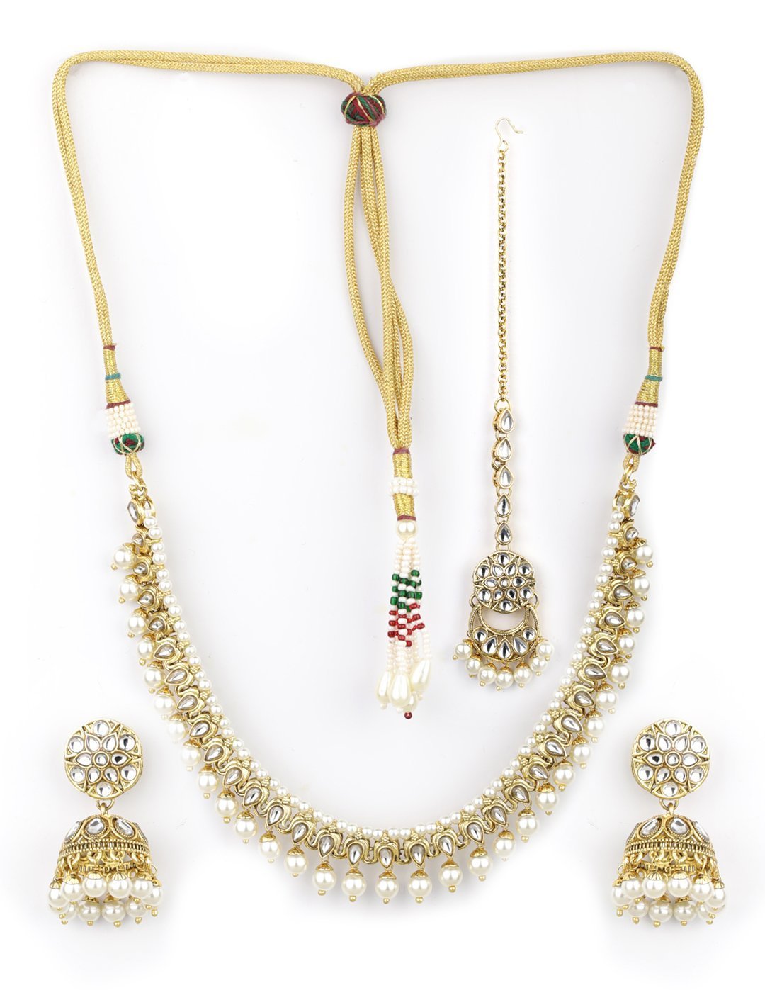 Women's White Beads Kundan Pearls Gold Plated Traditional MaangTika Jewellery Set