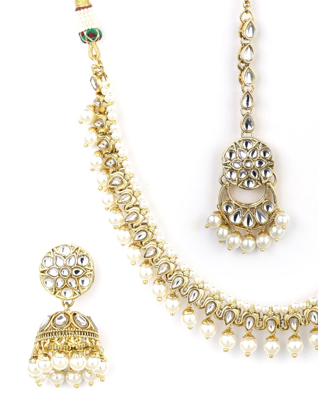 Women's White Beads Kundan Pearls Gold Plated Traditional MaangTika Jewellery Set