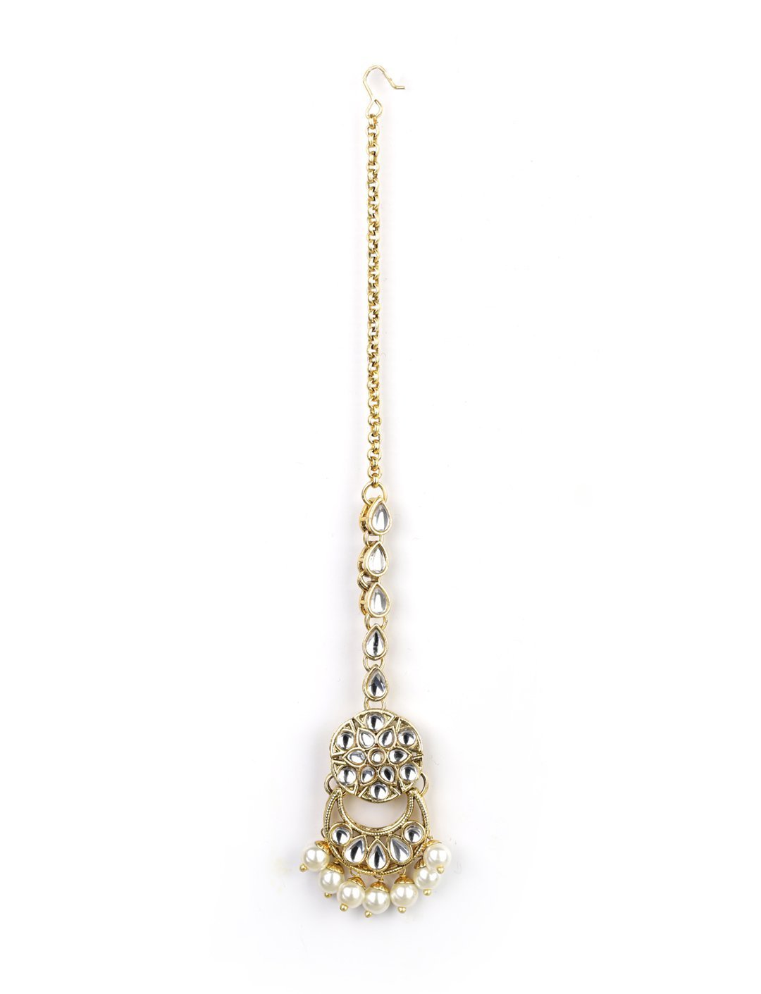 Women's White Beads Kundan Pearls Gold Plated Traditional MaangTika Jewellery Set