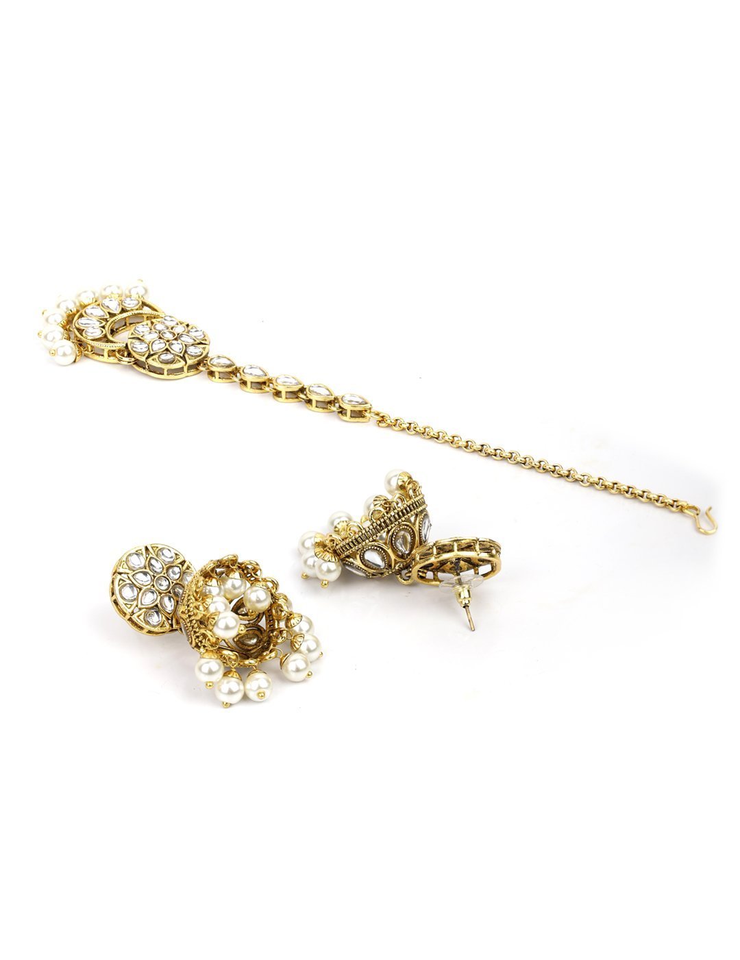 Women's White Beads Kundan Pearls Gold Plated Traditional MaangTika Jewellery Set