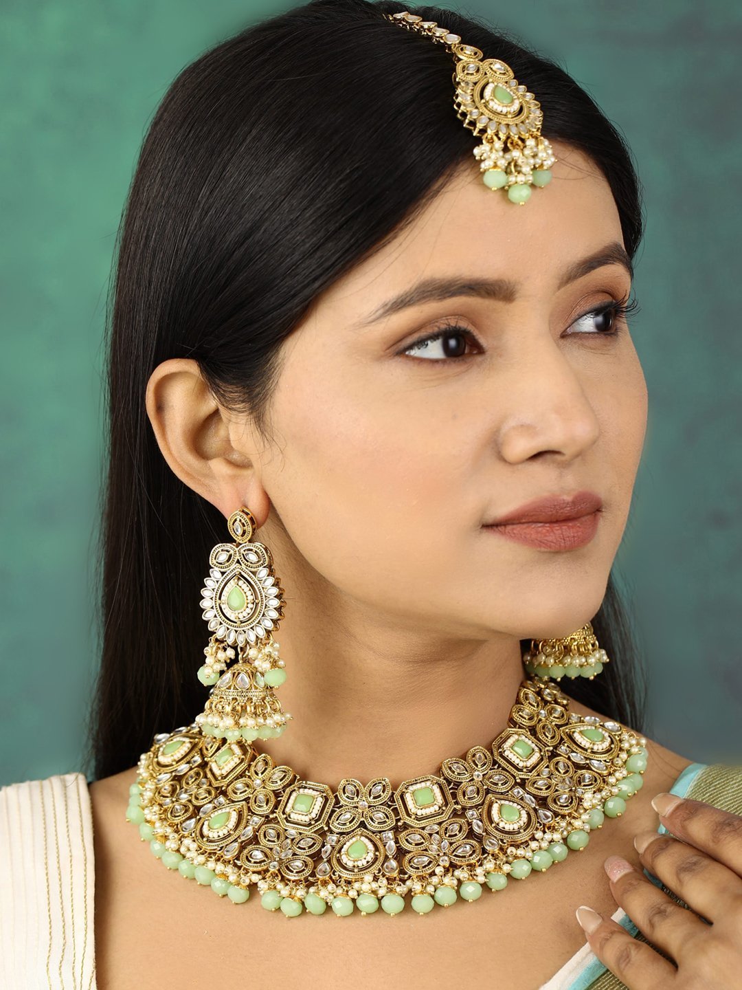 Women's Mint Green Pearls Stones Beads Kundan Gold Plated Traditional MaangTika Jewellery Set